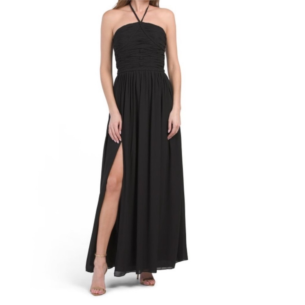 NWOT DRESS THE POPULATION Black Aura Gathered Halter Bodice Maxi Dress S
